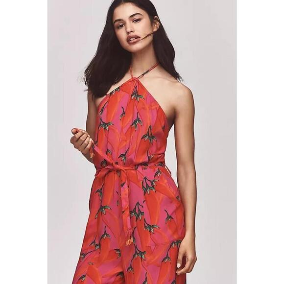 Farm Rio Halter Neck Flowy Wide Leg One Piece Jumpsuit Women's Size XL Red - Picture 4 of 4